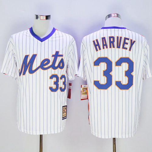 Mets #33 Matt Harvey White(Blue Strip) Cooperstown Stitched MLB Jersey - Click Image to Close